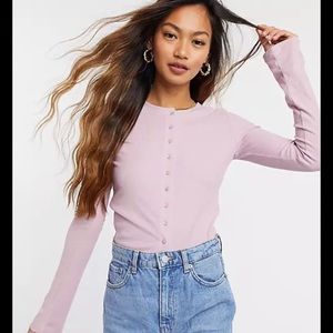 Weekday Lilac Cropped Ribbed Cardigan Top